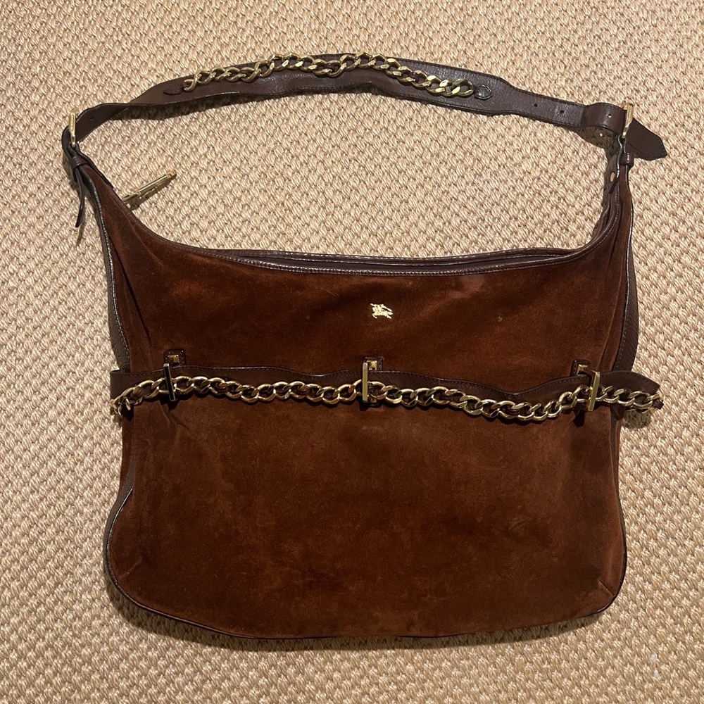 Burberry Prorsum Brown Suede & Leather Bag Chain Details & Gold Hardware